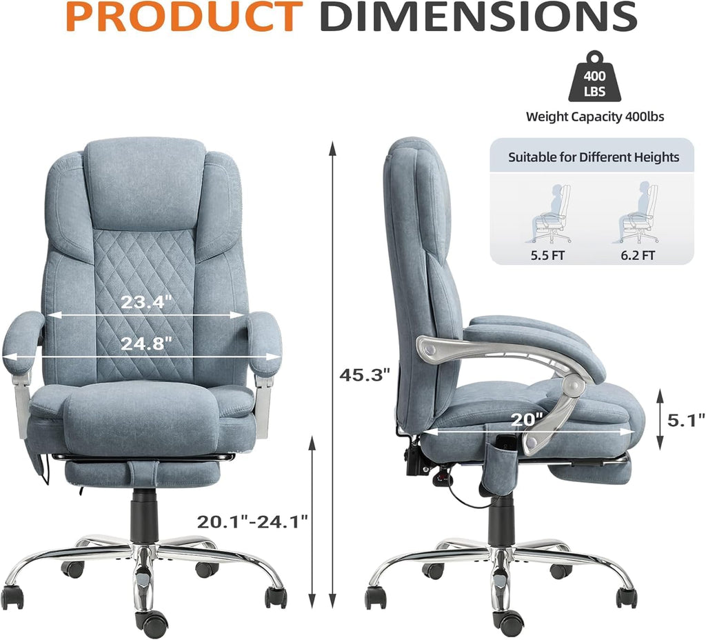 HOMREST 6-Point Massage Office Chair with Reclining Backrest, Heated Executive Office Chair, Velvet Ergonomic Computer Desk Chair with Footrest & Padded Armrest, Airy Blue
