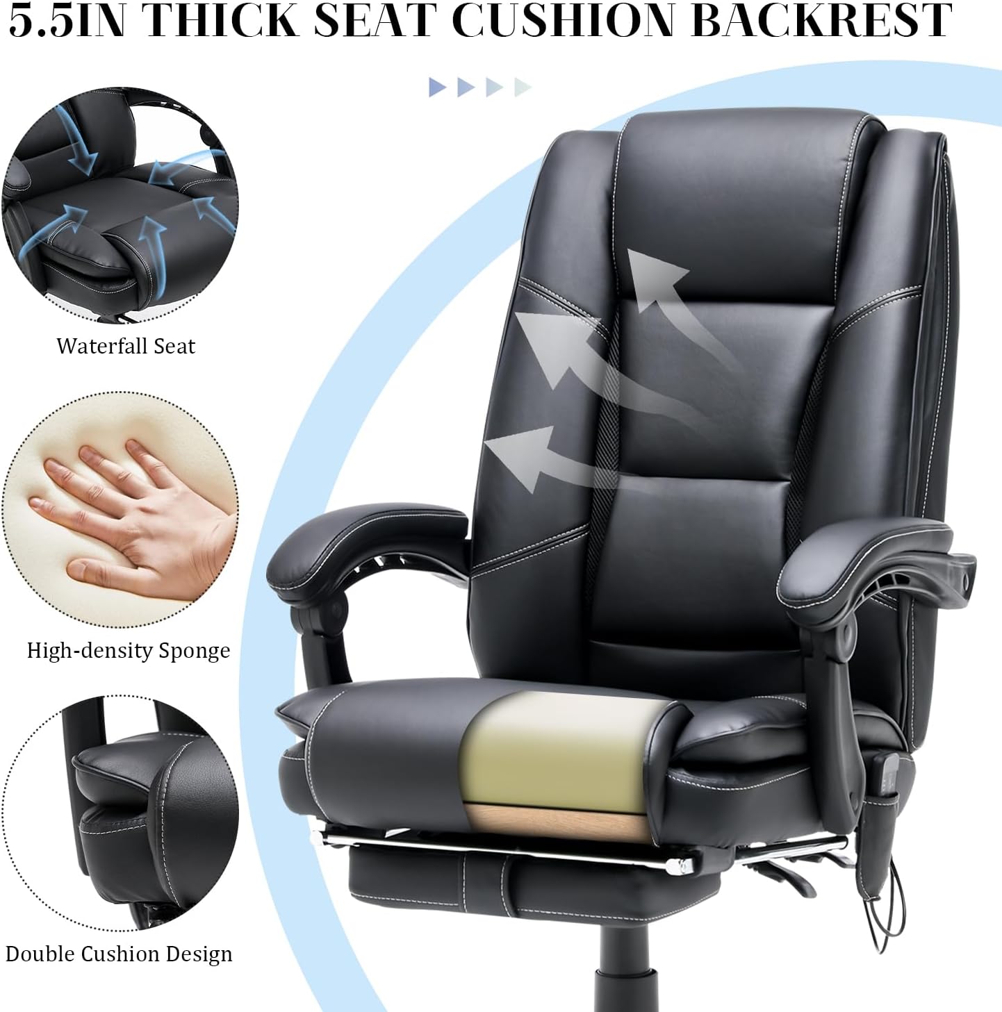 HOMREST 4-Point Massage Executive Office Chair with Footrest,Heated Reclining Chair with Lumbar Back Support,Ergonomic Desk Chair with Armrest, Computer Desk Chair for Home Office(Black)