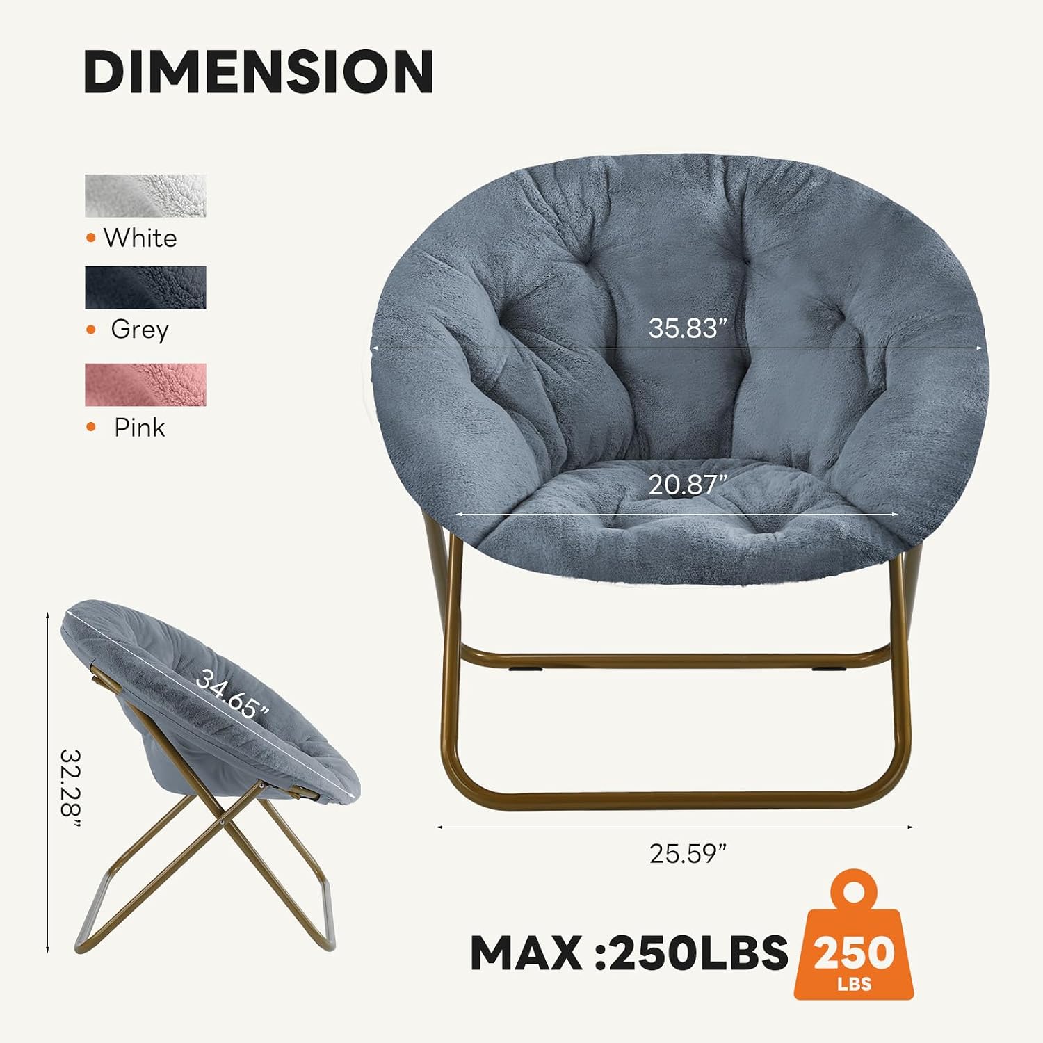 Sweetcrispy Saucer Chairs, Comfy Folding Cozy Faux Fur Living Room Reading Lounge Chair with Soft Thick Padded Seat & Metal Frame Modern Style Bedroom Dorm for Kids Adults, X-Large - Classic Gray