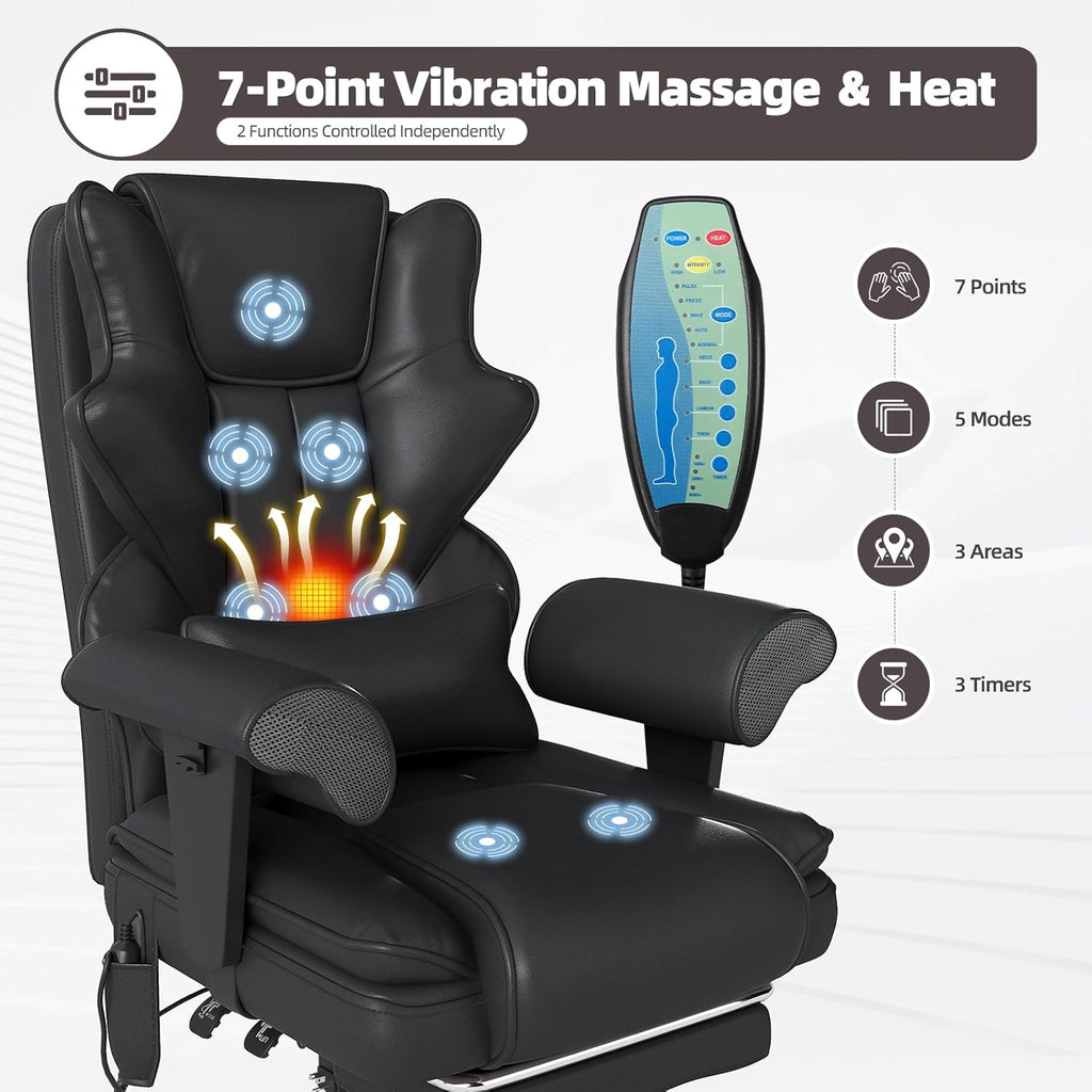 7-Point Massage Office Chair,Heated Manageral Chair,Ergonomic Executive Chair with Footrest,Adjustable Armrest，Computer Chair for Offices, Study Areas, Gaming Spaces,Black
