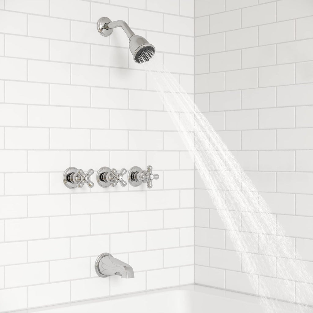 Pfister LG01-8CBC 3-Handle Tub and Shower Faucet Set with Metal Cross Handles, Polished Chrome Finish, 1.8 GPM Flow Rate, 5-Hole Installation, Valve Sold Separately