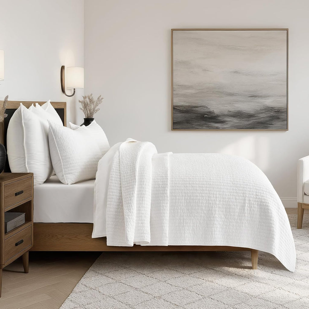 EVERGRACEHOME Cross Stitch Pre-Washed Cotton Quilt Bedding Set King Size, Oversized 3 Pieces Lightweight Bedspread Coverlet for All Season, with 2 Matching Shams, Bright White,108'x96'