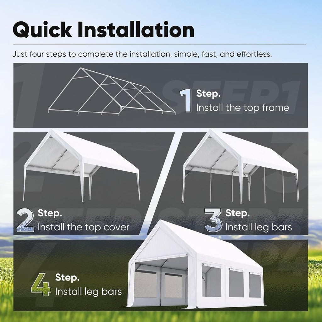 Quictent 10x20 ft Heavy Duty Carport Canopy, Waterproof Outdoor Shelter with Ultra-High Peak & Ventilation Windows, Portable Garage for Parking, Storage, Events & Wedding, Whtie