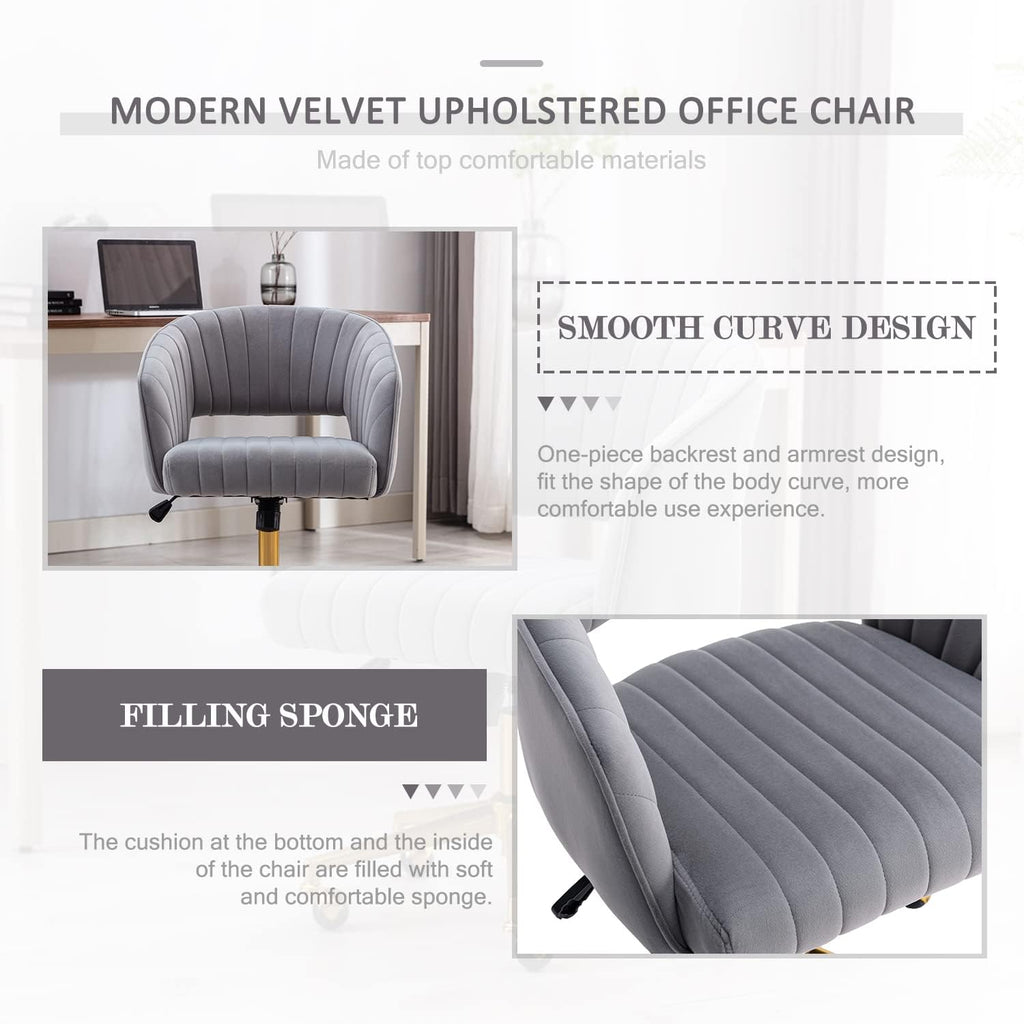 Eifizek Velvet Office Desk Chair, Modern Adjustable Home Desk Chair with Wheels, Swivel Vanity Chair for Bedroom, Office, Vanity Study (Grey)