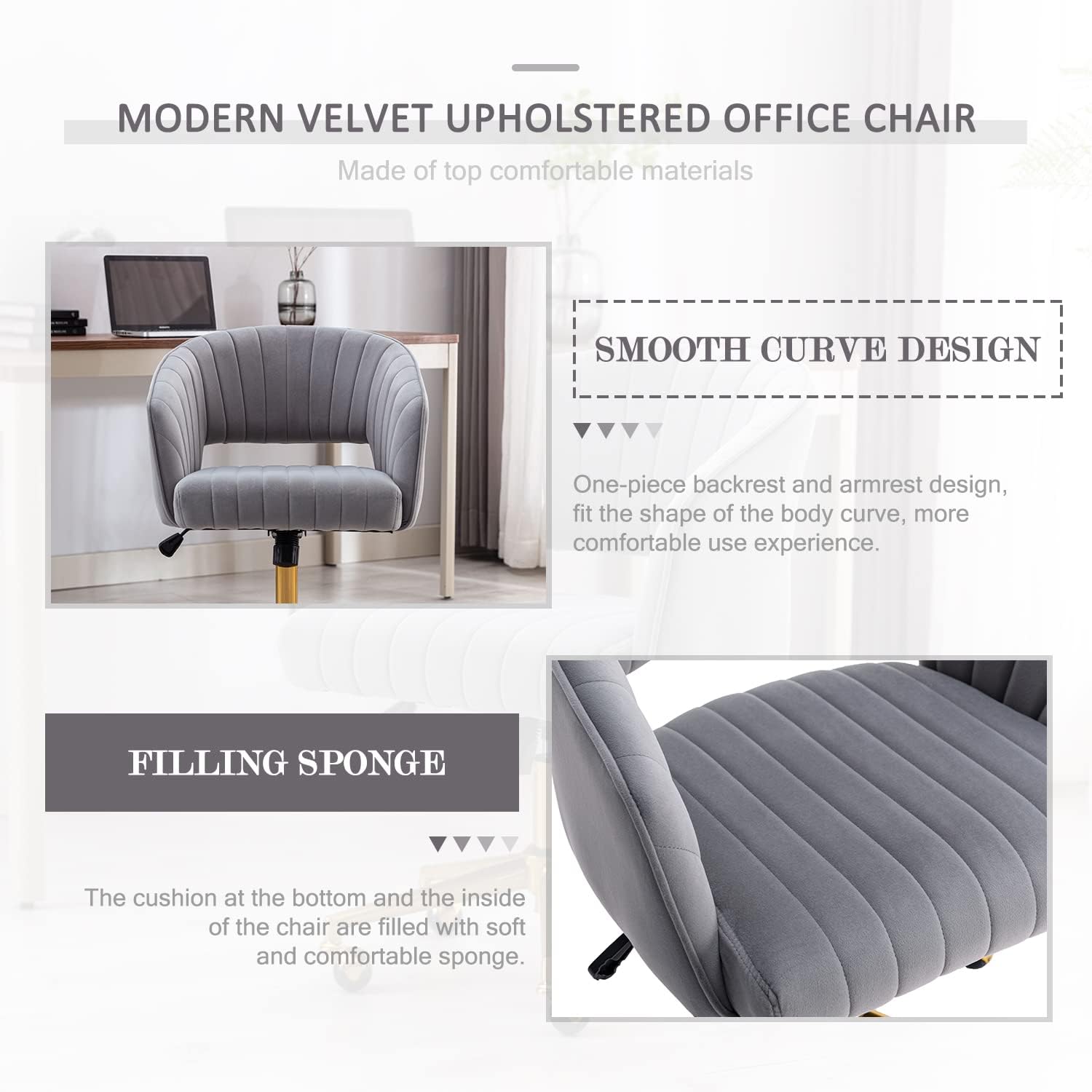 Eifizek Velvet Office Desk Chair, Modern Adjustable Home Desk Chair with Wheels, Swivel Vanity Chair for Bedroom, Office, Vanity Study (Grey)