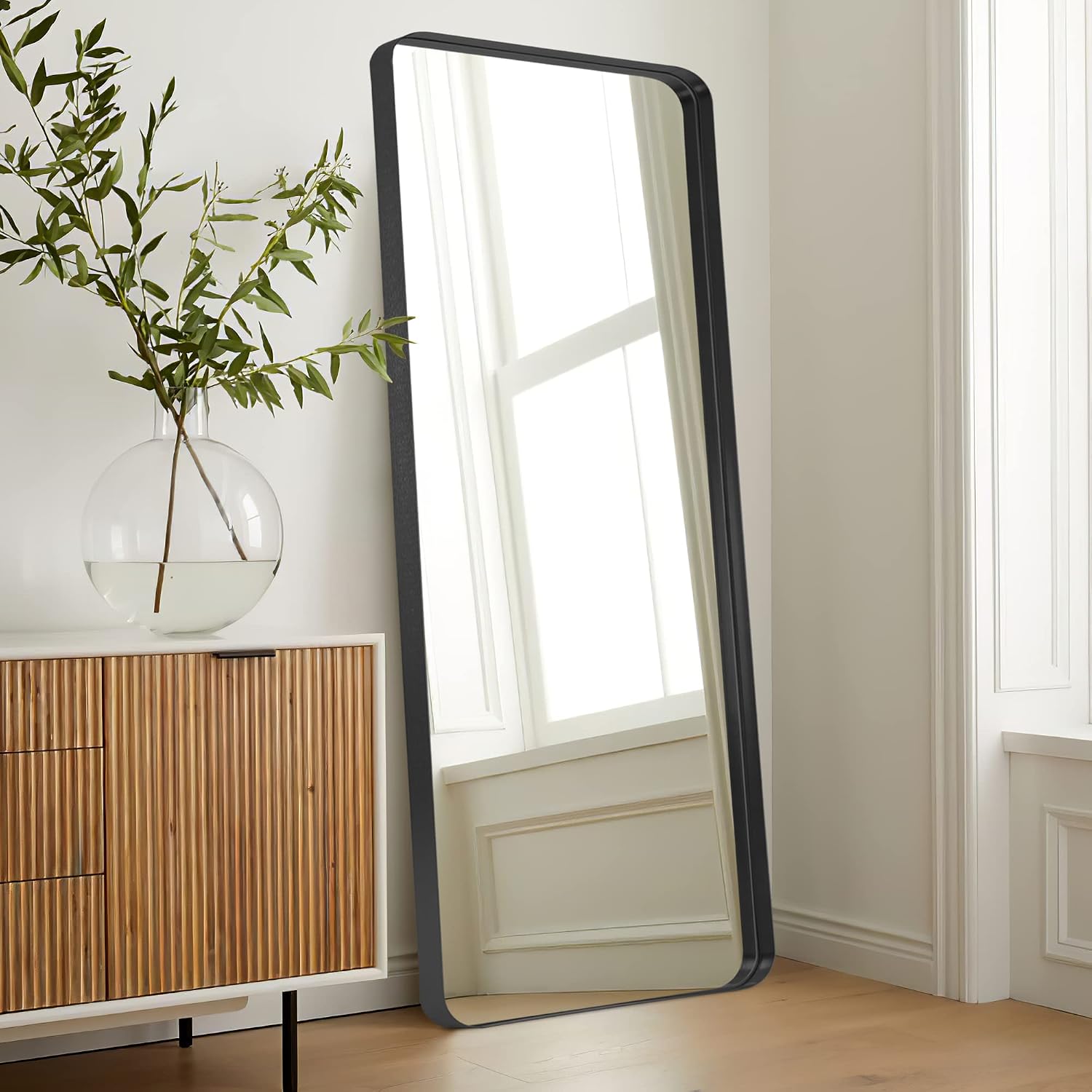 NeuType Full Length Mirror, 63'x20' Floor Mirror Full Body Dressing Mirror Round Corner, Hanging or Leaning Against Wall Large Rectangle Wall Mounted Deep Set Aluminum Alloy Frame for Bedroom, Black