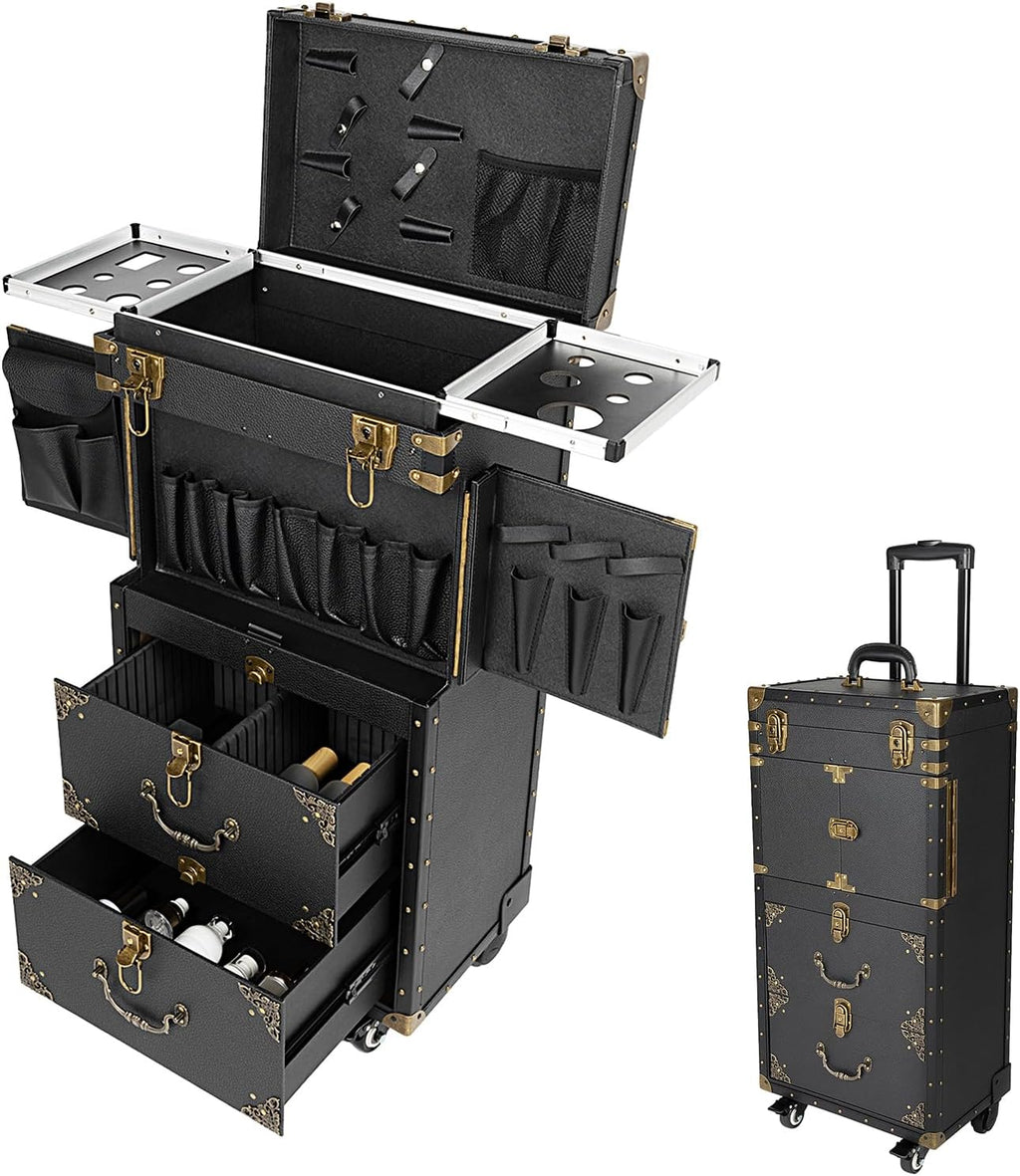 Beauty Salon Luggage on Wheels, 31.7 Inch Retro Travel Rolling Makeup Train Case with Makeup Hairdressing Tools Storage Nail Organizer Tool Box with 2 Password Locks for Manicure/Hairstylist