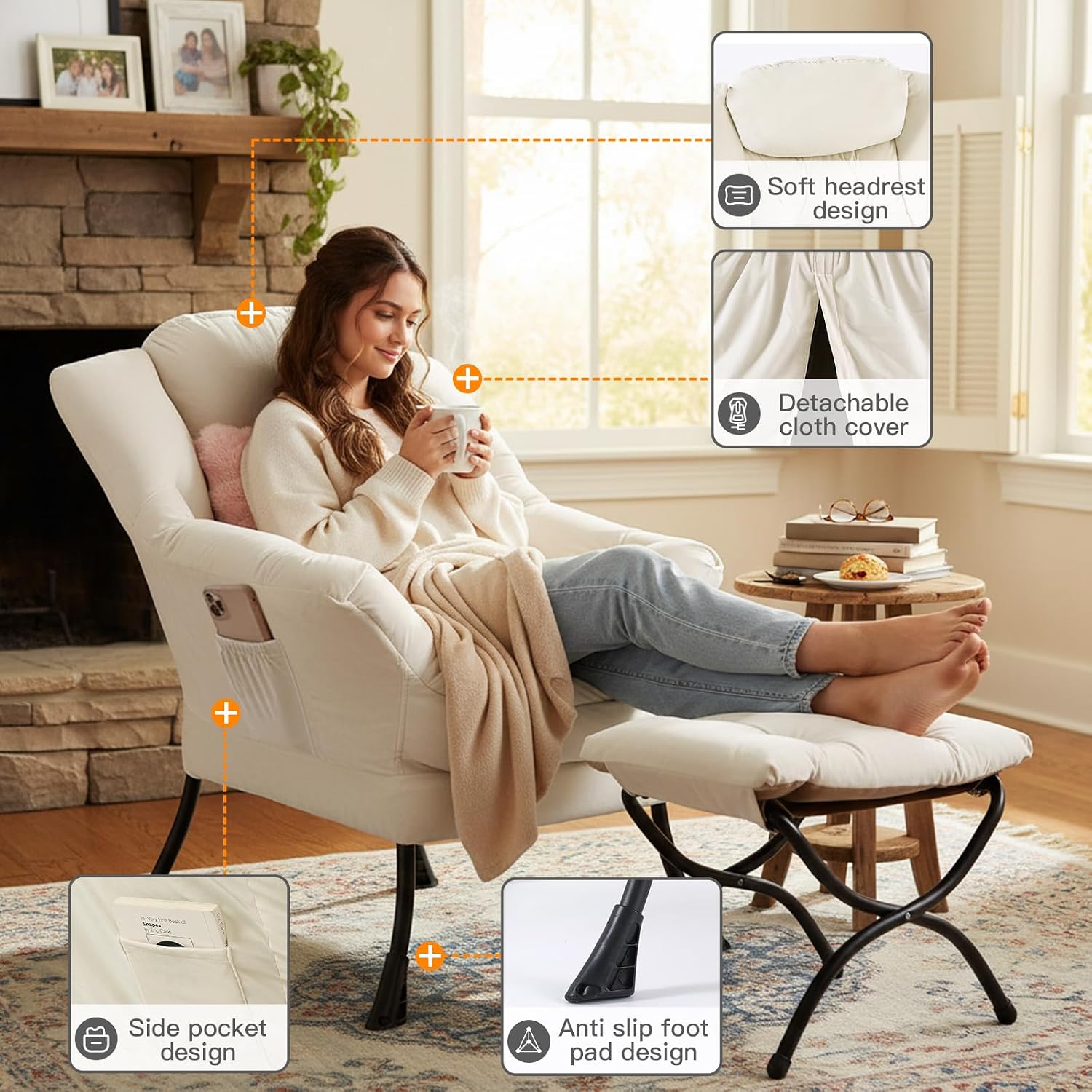 Lazy Chair with Ottoman, Large Accent Chair with Ottoman and a Throw Pillow, Beige Reading Chair for Living Room Bedroom Dorm Room Office Apartment Relaxing Use