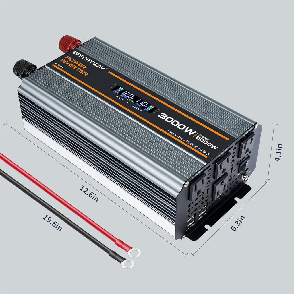 3000 watt Power Inverter DC 12V to AC 110V/120V Converter,6000w Peak.Comes with LCD Display,Wireless Controller,4AC outlets,4 USB.RV Inverter,Suitable for Camping,and Off-Grid Solar Inverter Systems