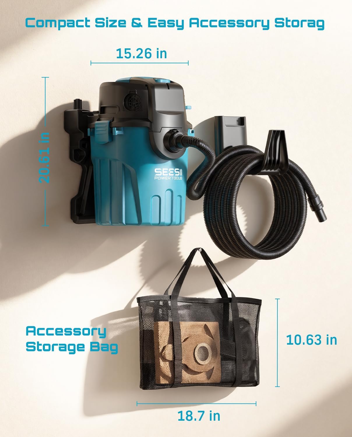Seesii Garage Vacuum Wall Mounted Shop Vac, 6.6 Gallon 5.5 Peak HP Shop Vacuum Wet and Dry with 30Ft Flexible Hose, Attachments, Storage Bag, Cartridge Filter Ideal for Garage, Car, Workshop, Home