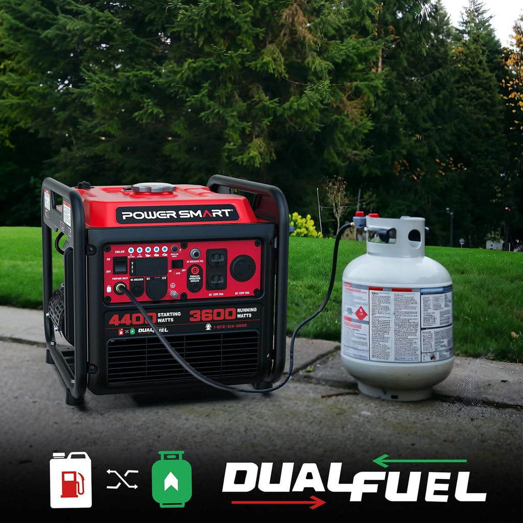 PowerSmart 4400W Dual Fuel Portable Generator, 223cc 4-Stroke OHV Gas/LPG Powered, 3600W Rated, 30A RV Ready & 120V Outlet, Recoil Start Backup Power for Home, RV and Jobsites, Model# MB5040DC