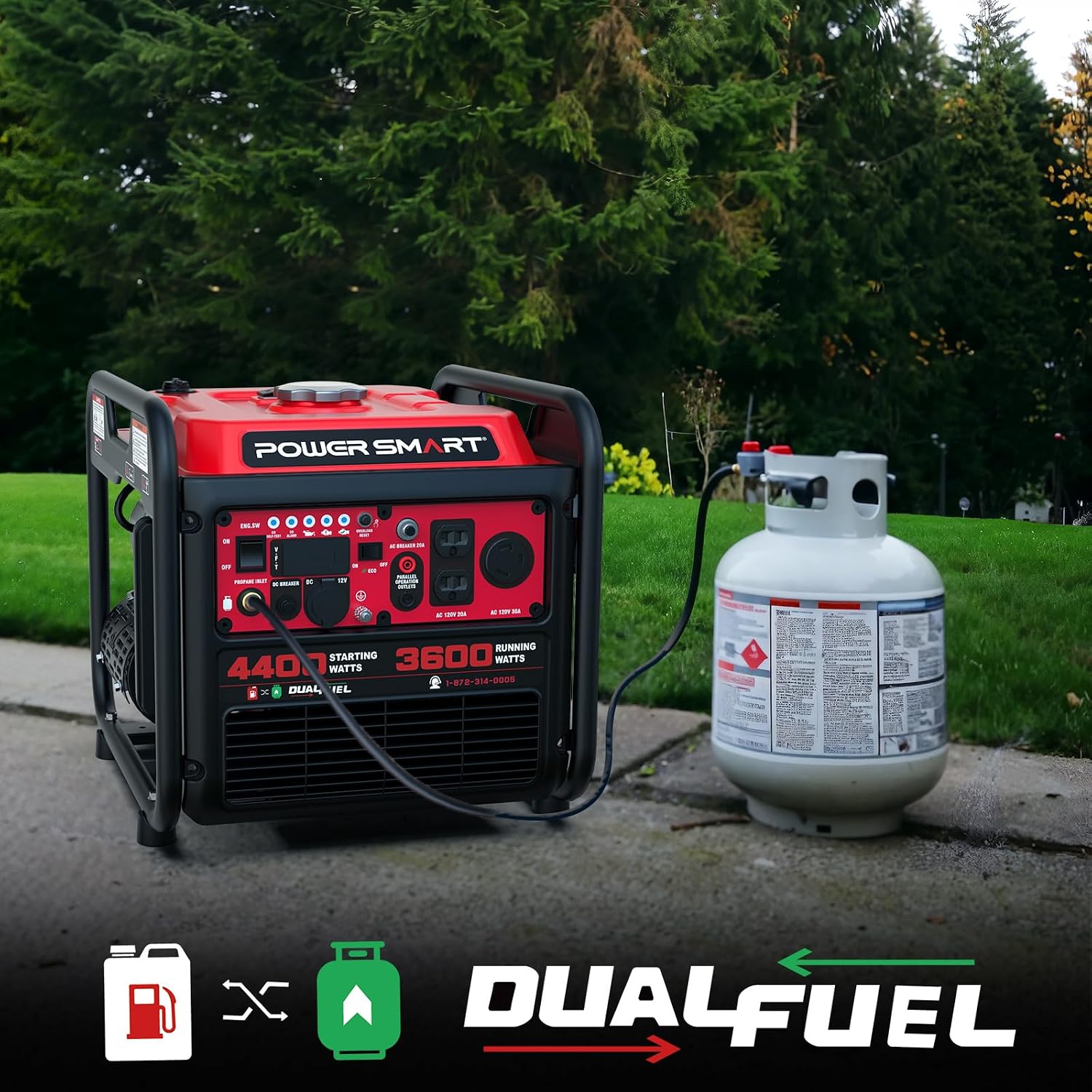 PowerSmart 4400W Dual Fuel Portable Generator, 223cc 4-Stroke OHV Gas/LPG Powered, 3600W Rated, 30A RV Ready & 120V Outlet, Recoil Start Backup Power for Home, RV and Jobsites, Model# MB5040DC