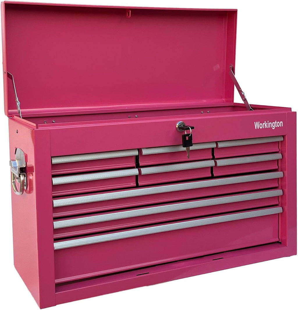 Workington Portable Metal Tool Chest with 9 Drawers, 24' 9-Drawer Tool Chest Cabinet with Ball Bearing Drawer Slides, Steel Tool Storage Box Organizer 4006 Pink