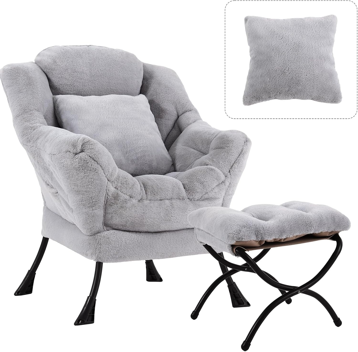 Lazy Chair with Ottoman, Large White Gray Lounge Accent Chair with Ottoman and FA Throw Pillow, Comfy Plush Reading Chair for Living Room Bedroom Dorm Room Office Apartment Relaxing Use