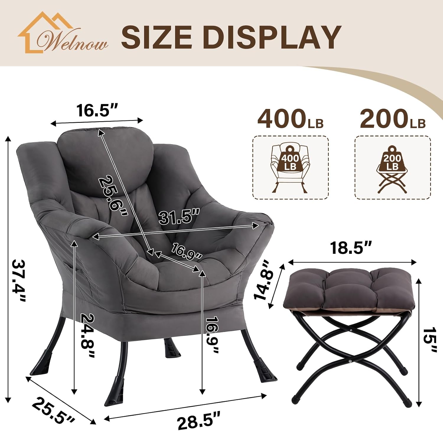 Welnow Lazy Chair with Ottoman, Modern Accent Chair with Armrests and a Side Pocket, Leisure Sofa Armchair, Reading Armchair with Footrest for Small Space, Dark Grey