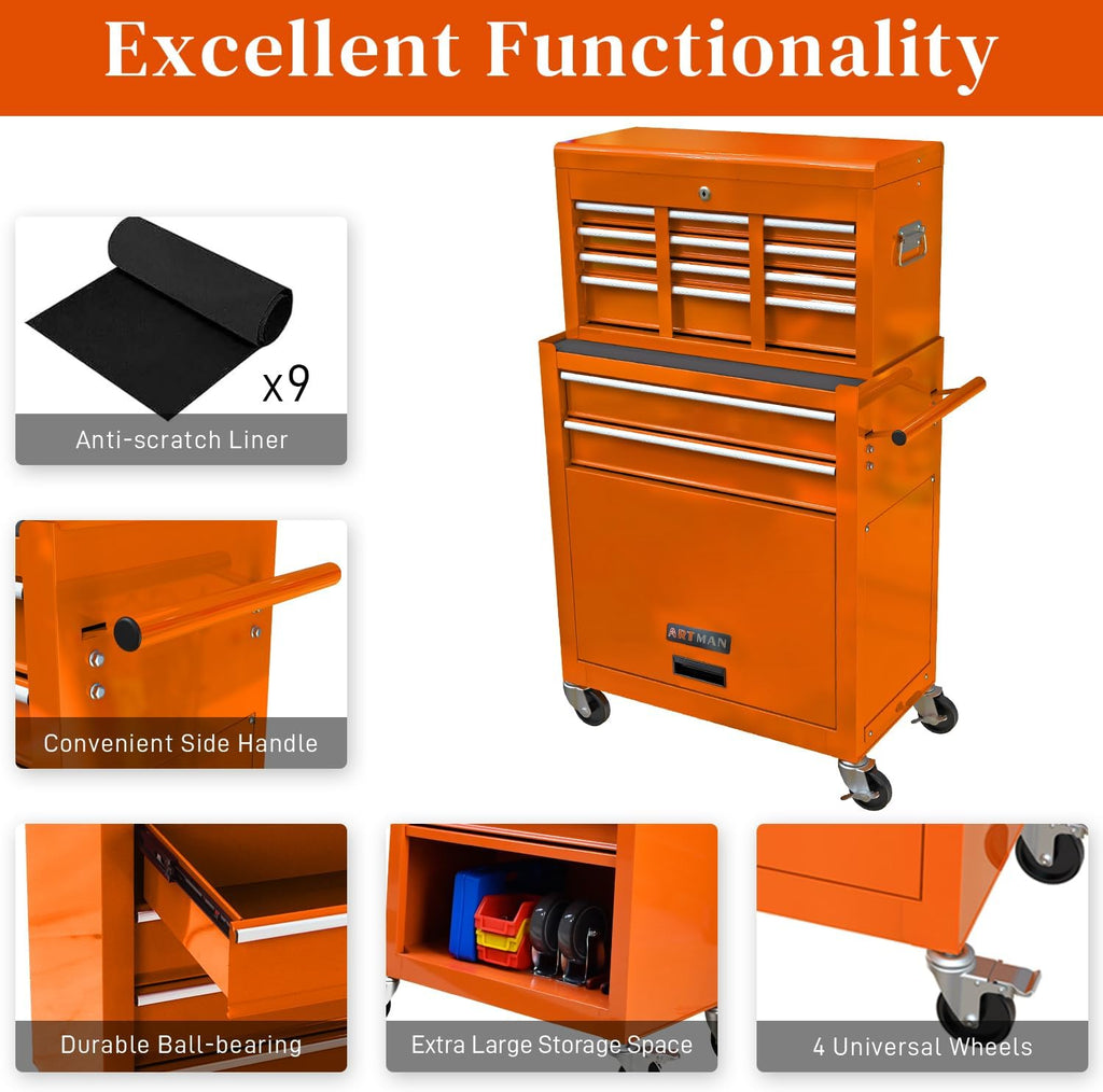 High Capacity Rolling Tool Chest with 8-Drawer Tool Box on Wheels Multifunctional Tool Cart Mechanic Tool Storage Cabinet for Garage, Warehouse, Workshop, Repair Shop (Orange)