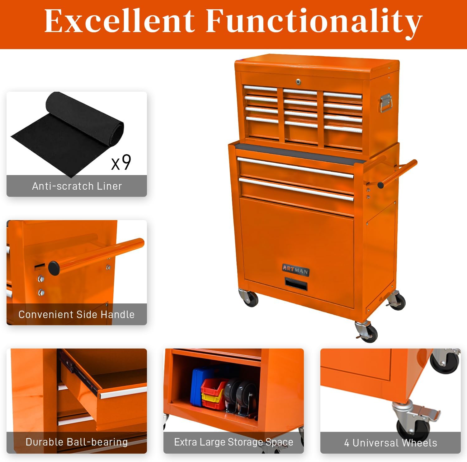 High Capacity Rolling Tool Chest with 8-Drawer Tool Box on Wheels Multifunctional Tool Cart Mechanic Tool Storage Cabinet for Garage, Warehouse, Workshop, Repair Shop (Orange)