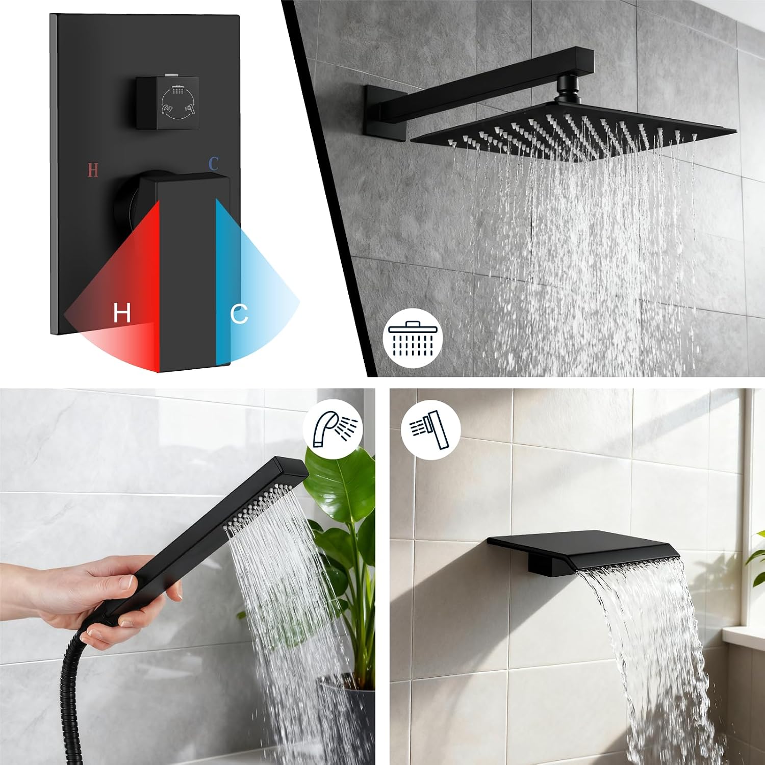Midanya Shower System with Tub Spout,Bathtub Shower Faucet Set with Square Rainfall Head and Handheld Sprayer Wall Mount Tub Faucet Set with Valve and Trim Kit,10 Inch Matte Black