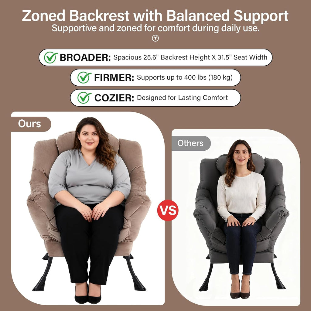 Lazy Chair with Ottoman, Modern Accent Chair with Lumbar Pillow, Velvet Khaki Sofa, Armchairs with Folding Footrest, Oversized Supportive Chairs for Bedroom, Reading