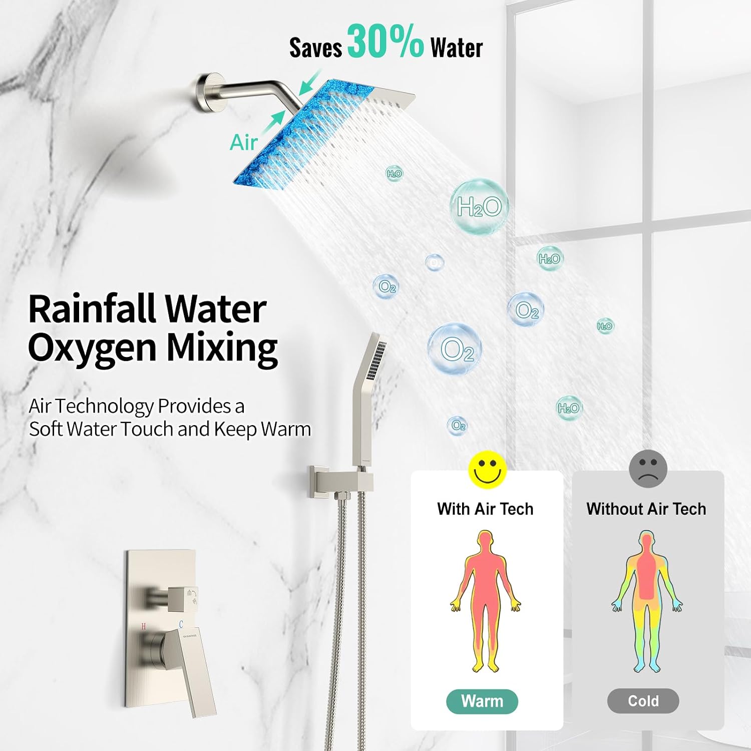 SR SUN RISE Shower Faucet Set - Shower Valve with 8 Inch Rainfall Shower Head and Handheld Shower - Wall Mounted Shower System with Rough In Valve and Shower Faucet Trim Repair Kits - Brushed Nickel