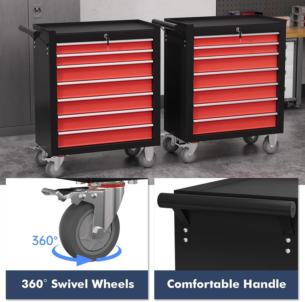 7-Drawer Tool Chest,Rolling Tool Cart with Wheels,High Capacity Tool Cabinet with Locking System for Garage, Warehouse, Workshop-Black&Red