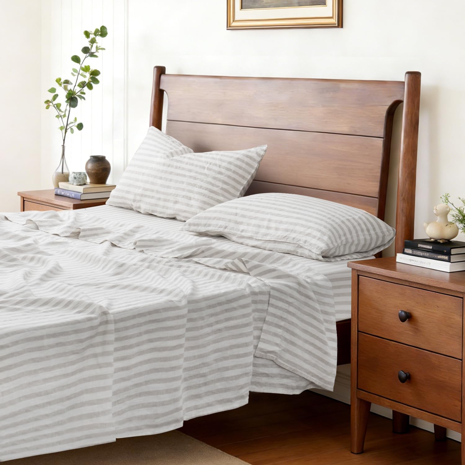 S VICTORY SYMBOL 100% Organic Linen Sheets Set,Yarn Dyed Classic Beige Striped Sheets,French Natural Stone Washed Flax Bedding Set,3pcs Farmhouse Bed Sheets Twin Size