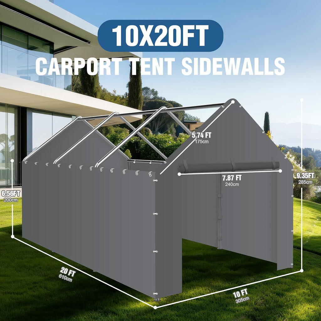 Canopy Sidewalls for 10x20x9.35FT Carport with Ball Bungee Cords, Shelter Logic Replacement Covers Canopy Walls for Car Tent Garage(Sidewalls Only) (Grey)