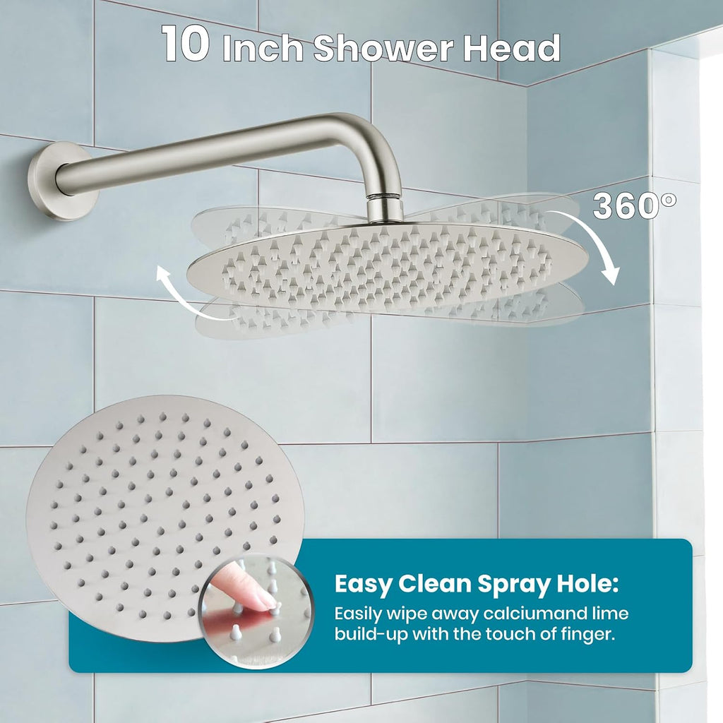 gotonovo Shower System 10 Inch Round Rainfall Showerhead Wall Mounted High Pressure Shower Faucet Set Fixture Combo with Rough in Valve and Cylindrical Handheld Spray, Brushed Nickel