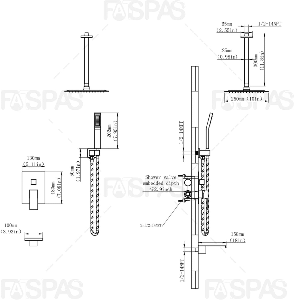 Ceiling Mount Shower System with Tub Spout, 10-Inch High-Pressure Rain Showerhead and Handheld Combo, Matte Black Shower Faucet Set with Rough-in Valve and Trim Kit, All-Metal