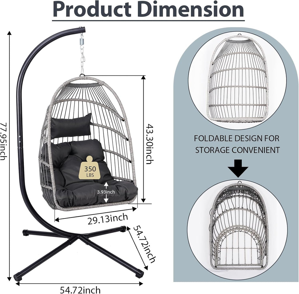 KEIKI Egg Chair - Foldable Rattan Hanging Chair with Stand & Cushion, 350LBS Capacity, Indoor Outdoor Basket Chair for Patio, Garden, Bedroom, Balcony - Black and Gray Wicker Hammock Swing Chair