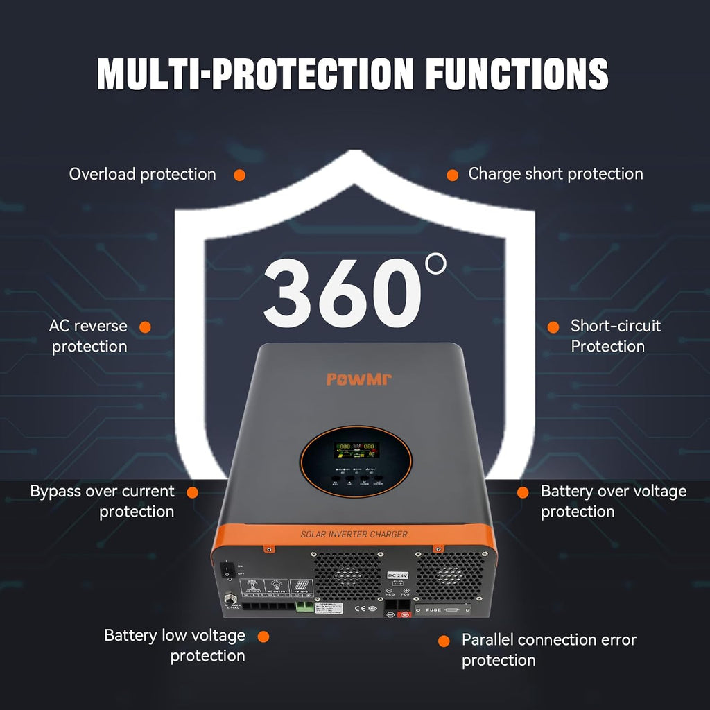 PowMr 3000W Hybrid Solar Inverter,24VDC to 110VAC, Low Frequency Inverter w/Built-in 60A MPPT Charge Controller, Pure Sine Wave for 24V Lead-Acid and Lithium Battery, Peak Power:9000W