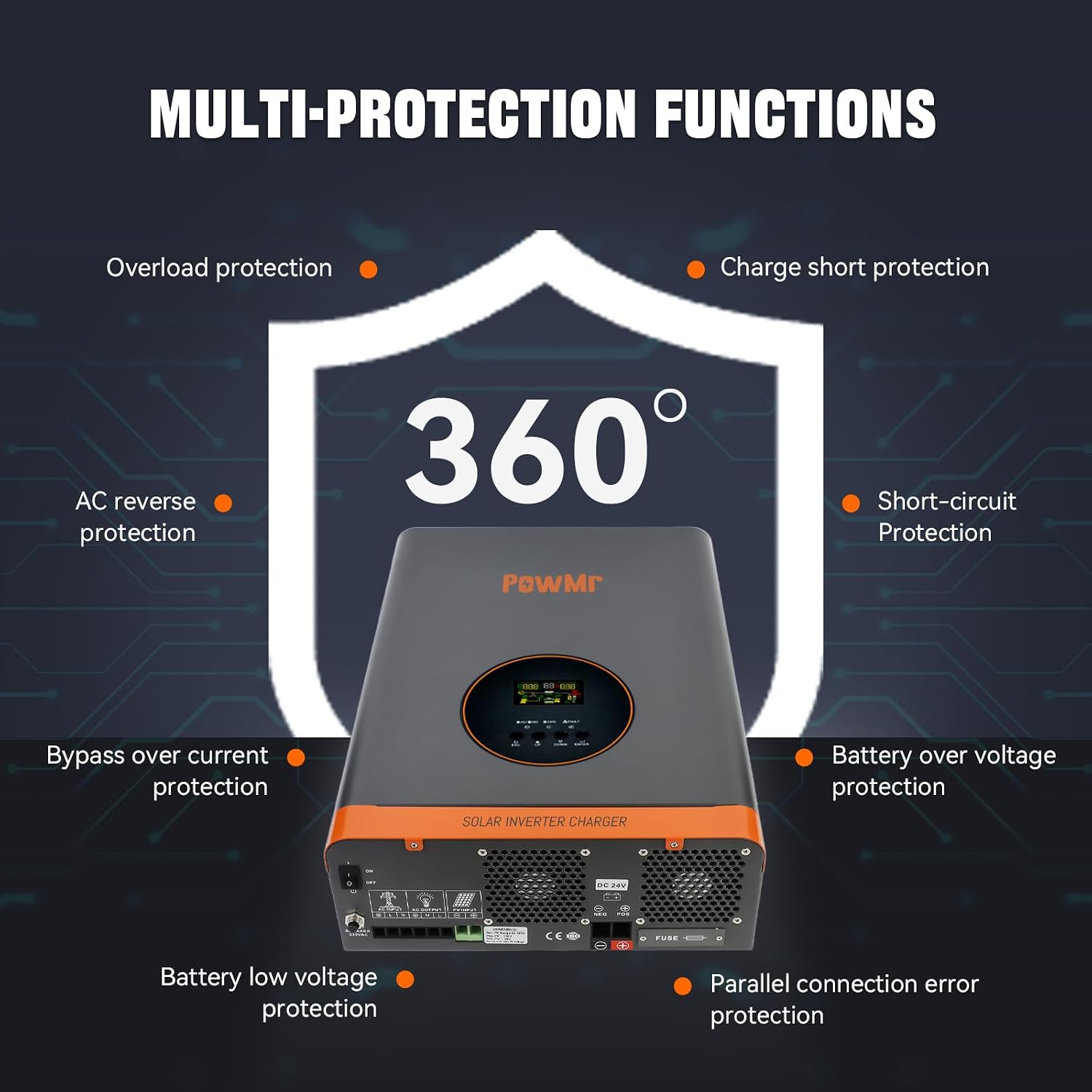 PowMr 3000W Hybrid Solar Inverter,24VDC to 110VAC, Low Frequency Inverter w/Built-in 60A MPPT Charge Controller, Pure Sine Wave for 24V Lead-Acid and Lithium Battery, Peak Power:9000W