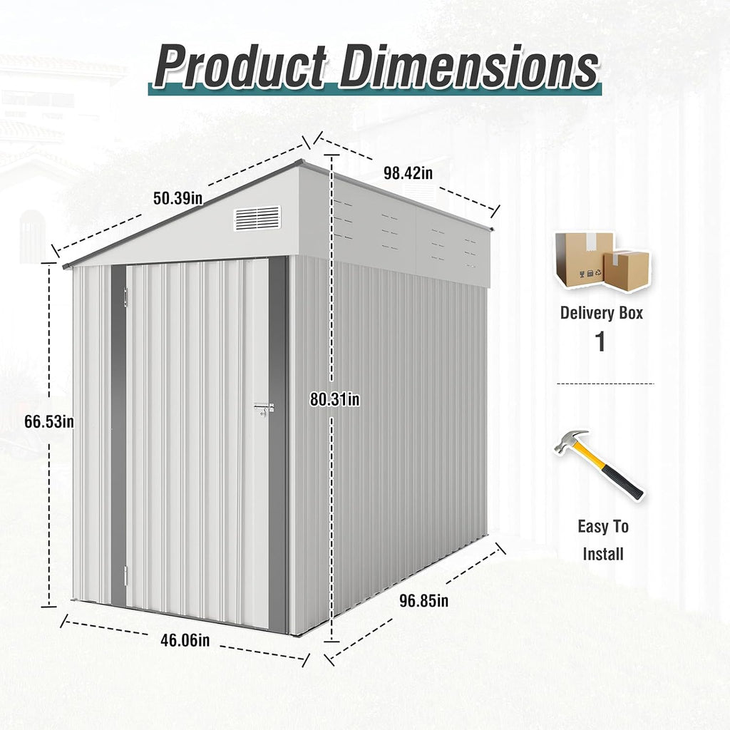 8 X 4 Ft Outdoor Storage Shed, Metal Garden Tool Shed with Lockable Door, Outdoor Door Storage Cabinet for Patio, Garage, Poolside, Bikes, and Garden (White)