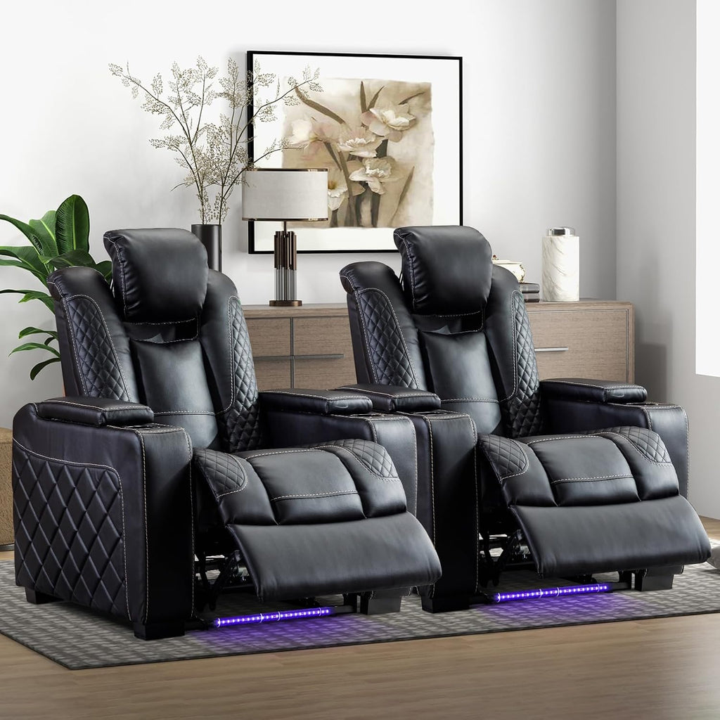 CANMOV Home Theater Seating Set of 2, Faux Leather Electric Power Recliner Chair with Ambient Lighting, Power Headrest, Lumbar Support, Cup Holders, Hidden Arm Storage, USB Ports, Black