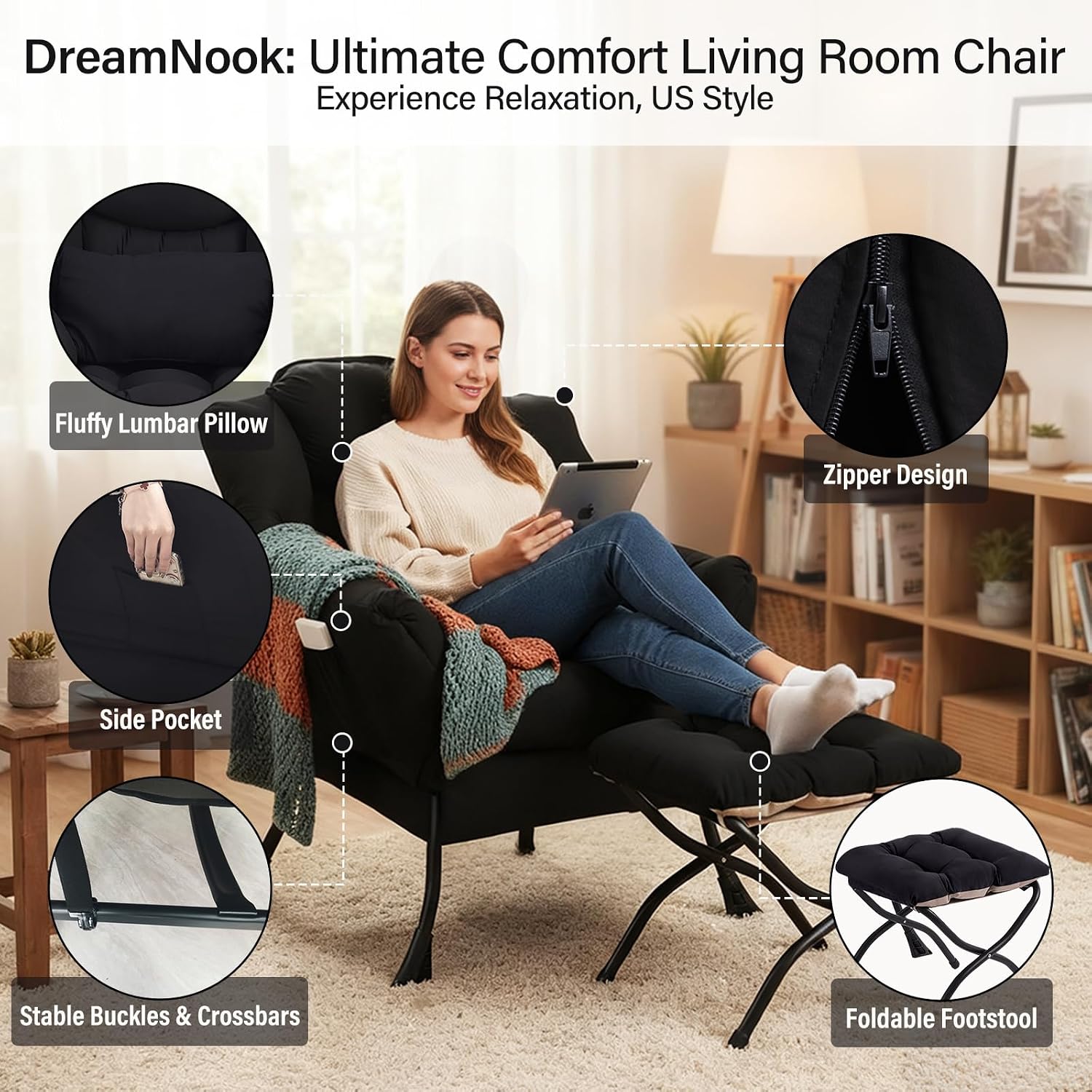 Lazy Chair with Ottoman, Modern Accent Chair with Lumbar Pillow, Black Sofa, Armchairs with Folding Footrest, Oversized Supportive Chairs for Bedroom, Reading