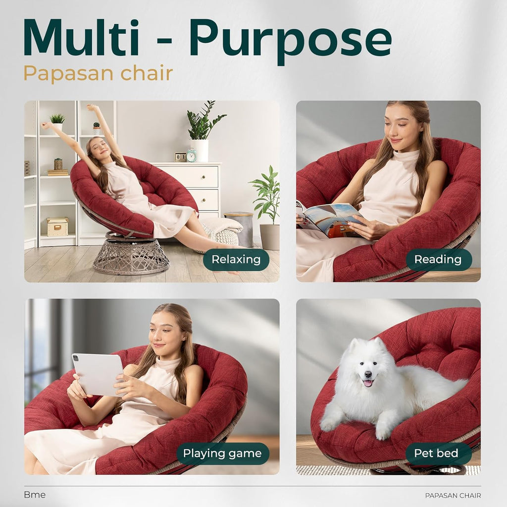 Bme 40' Ergonomic Wicker Papasan Chair with Soft Thick Density Fabric Cushion, High Capacity Steel Frame, 360 Degree Swivel for Living, Bedroom, Reading Room, Lounge, Cherry Sangria-Brown Base