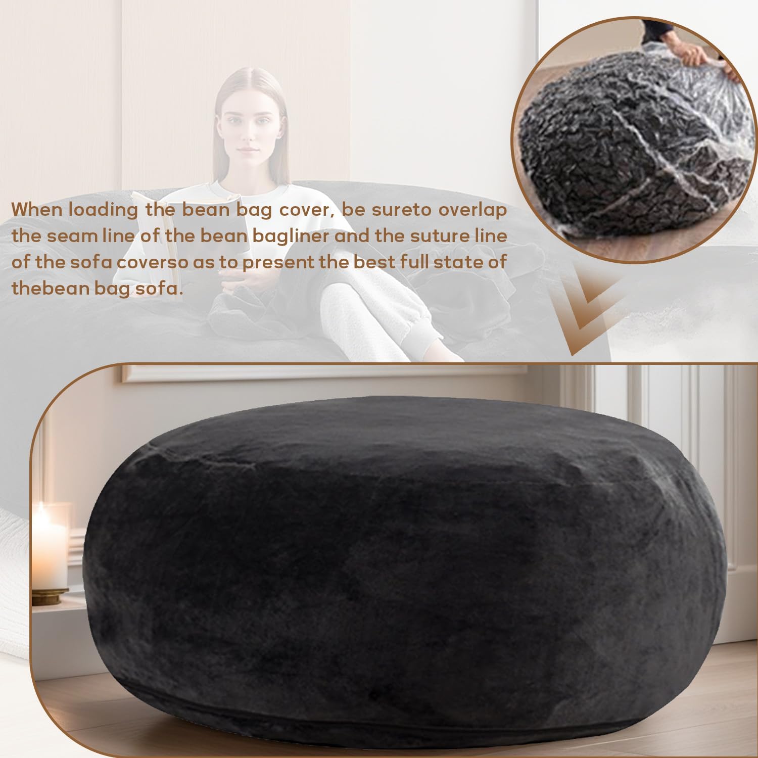 5FT,Big Bean Bag Chairs for Adults，Bag with Filler Included，Comfortable and Soft Plush ，Memory Foam Bean Bag,Oversized Bean Bag,Read Chair Suitable for Living Room and Bedroom (Black, 5 Foot)