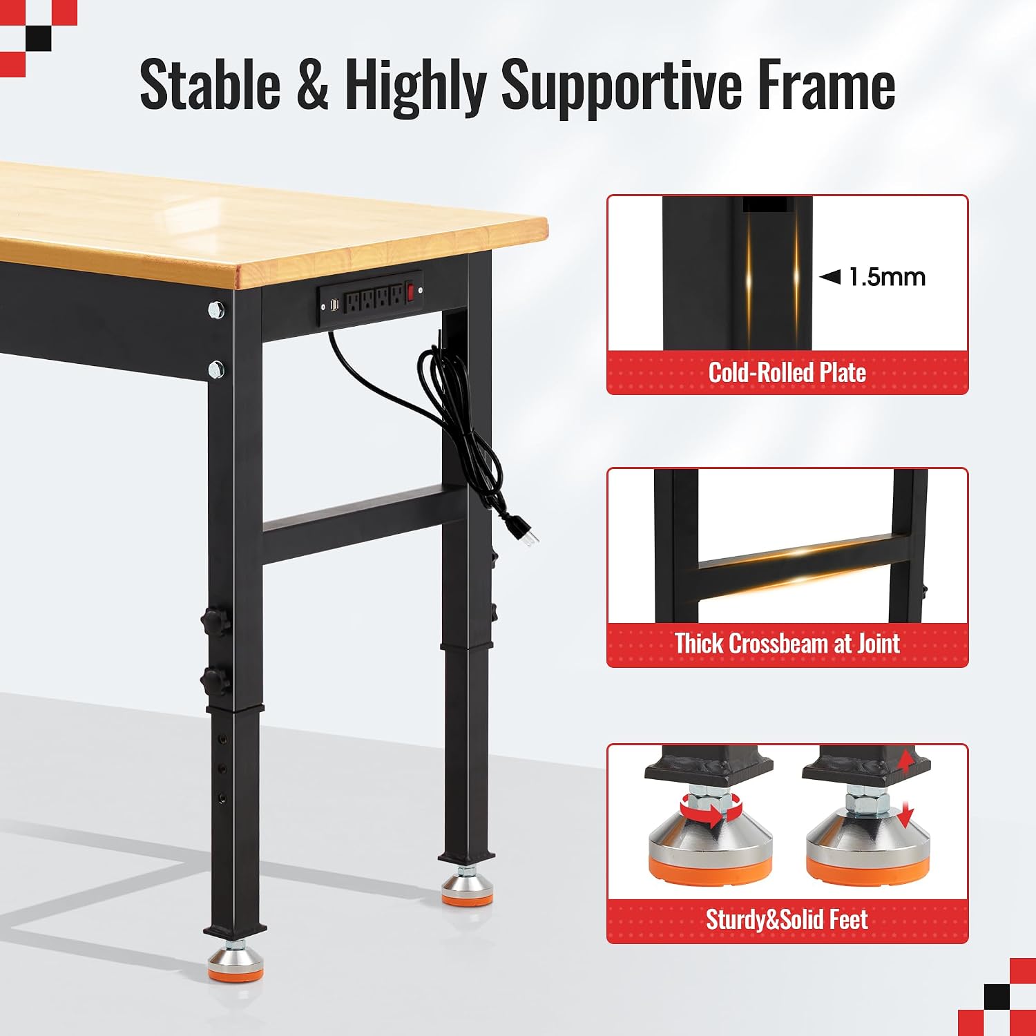 48 * 20'' Adjustable Workbench, 2000 LBS Load Capacity Heavy Duty Workstation with Power Outlets, Rubber Wood Top Worktable for Garage, Office,Workshop, Commercial