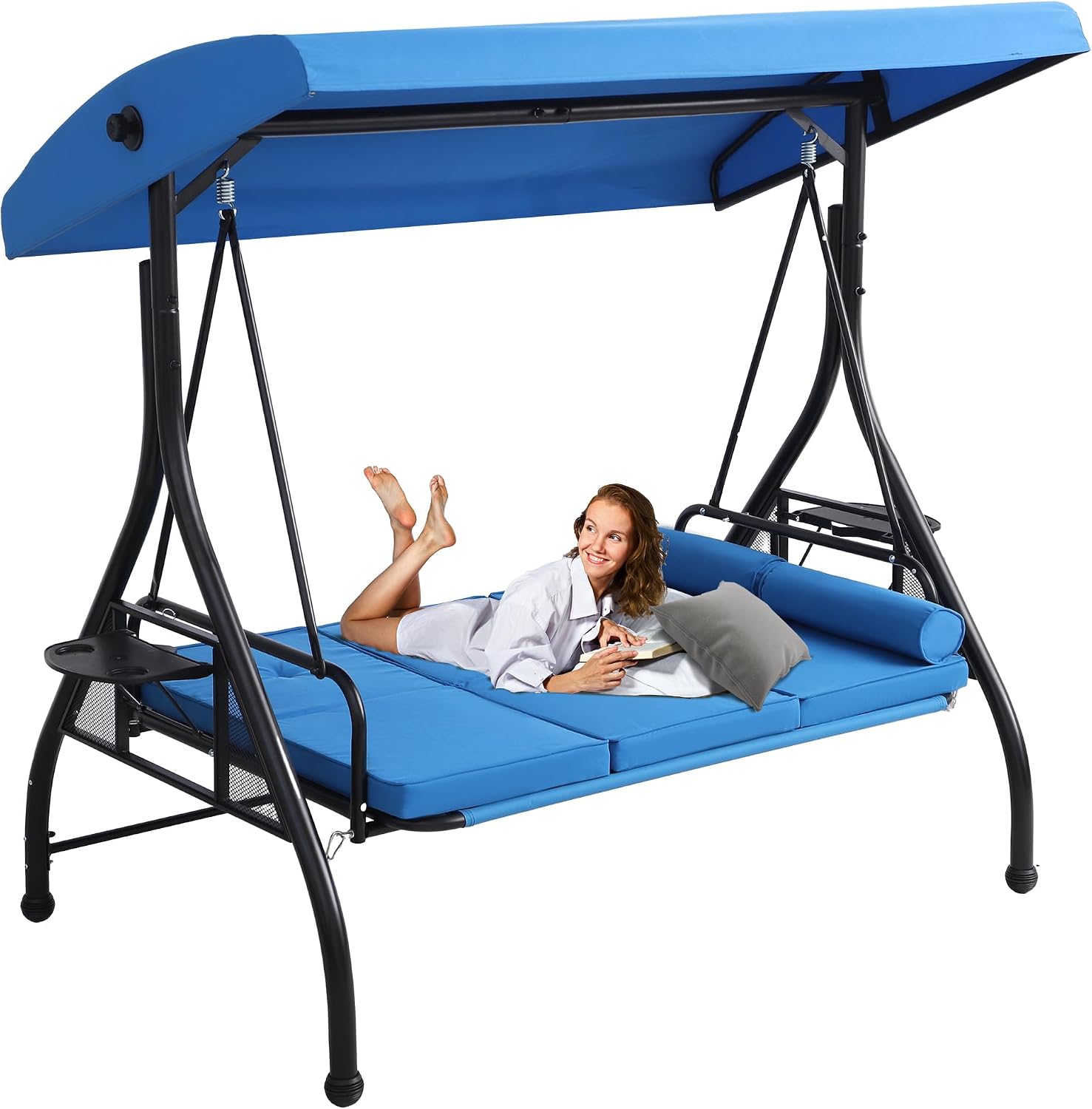 MAGIC UNION 3-Seat Outdoor Patio Swings with Canopy Adjustable Porch Swing with Stand, Upgrade Pillows Cushions and Foldable Side Tray for Patio, Backyard (Blue)