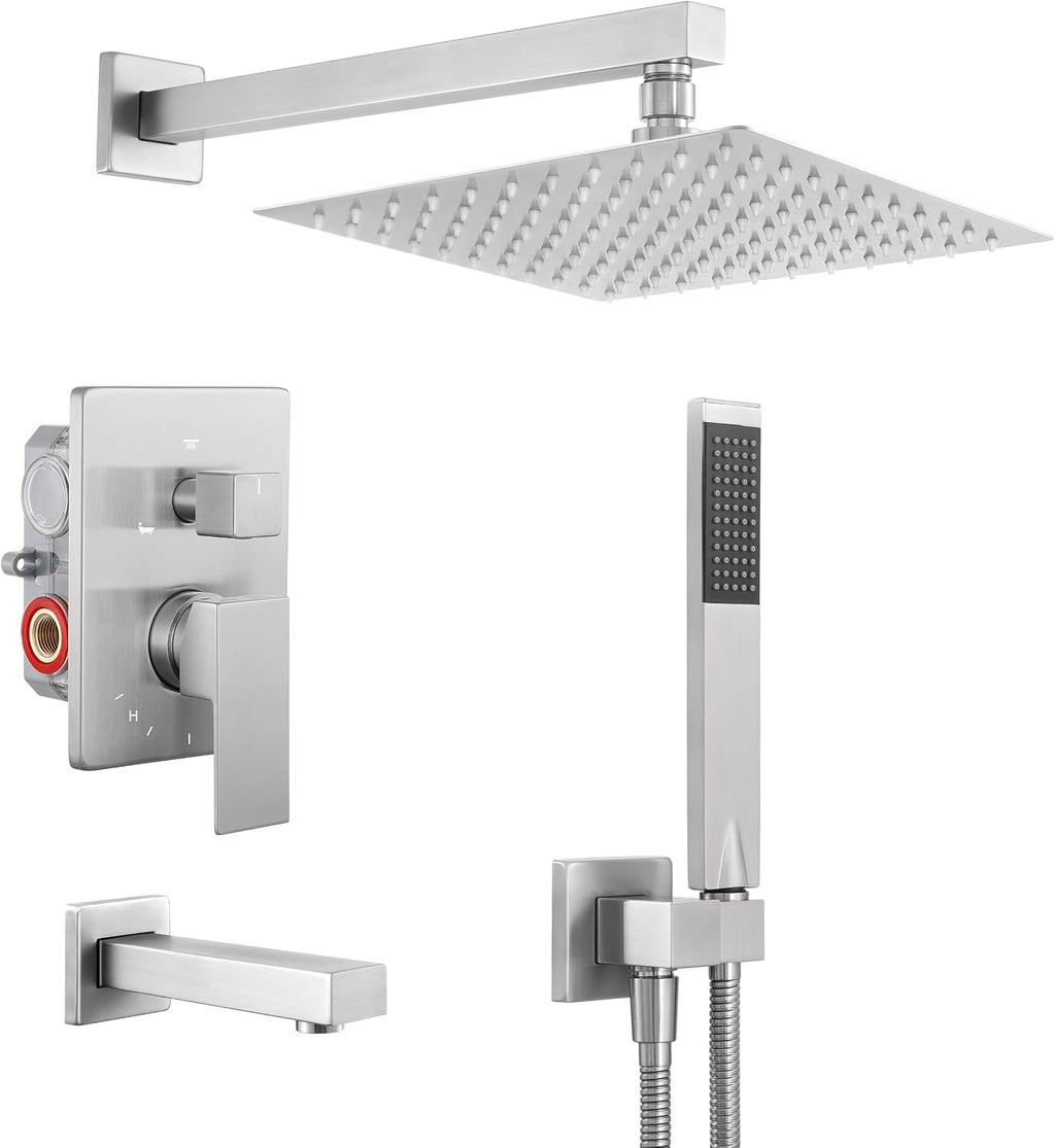 KES Shower System Pressure Balancing Shower Valve with Tub Faucet Spout Set Handheld and 10 Inch Rainfall Shower Head Combo All Metal Brushed Finish, XB6300-BN