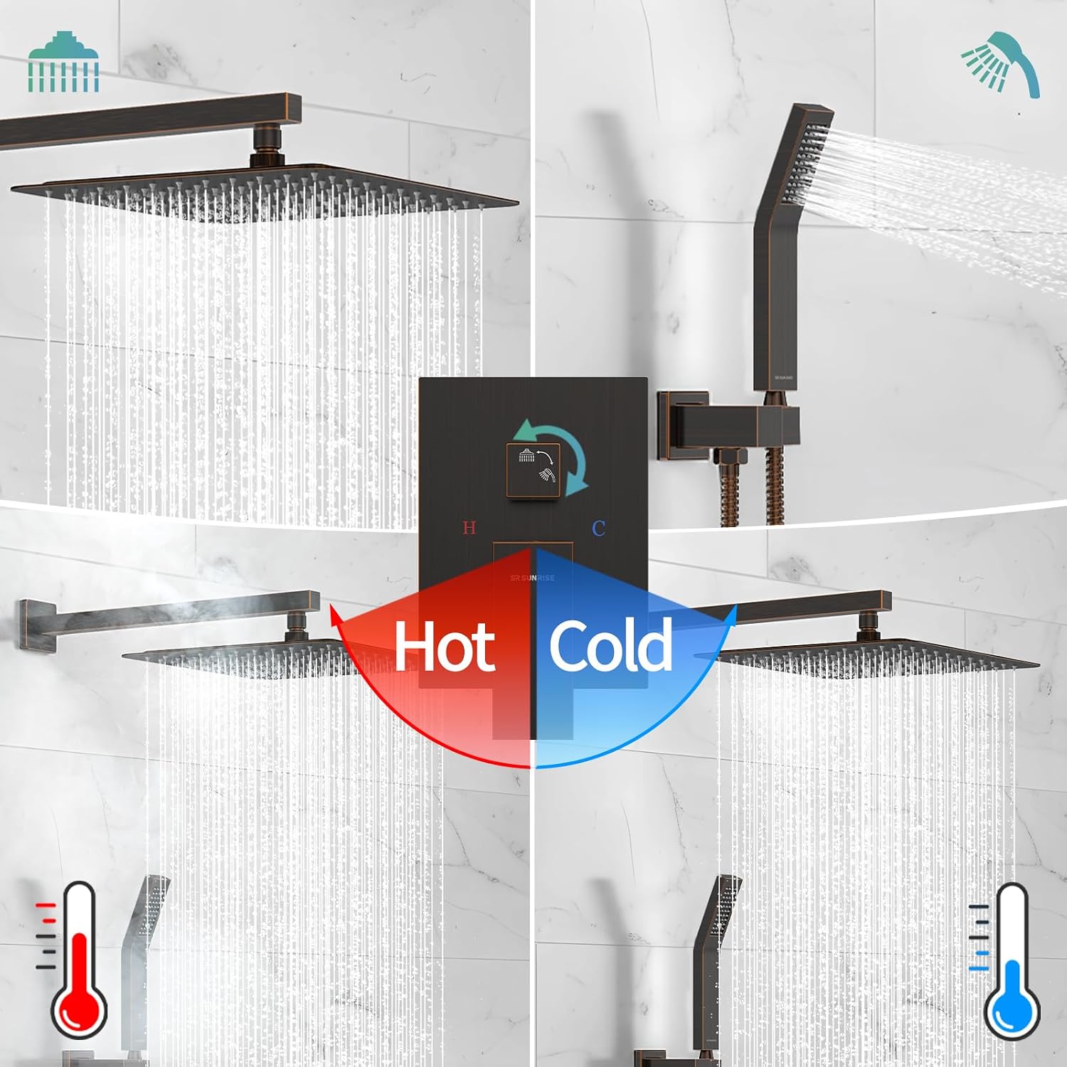 SR SUN RISE Oil Rubbed Bronze Shower System 12 Inches Brass Bathroom Luxury Rain Mixer Shower Combo Set Wall Mounted Rainfall Shower Head System Shower Faucet Rough-in Valve Body and Trim Included