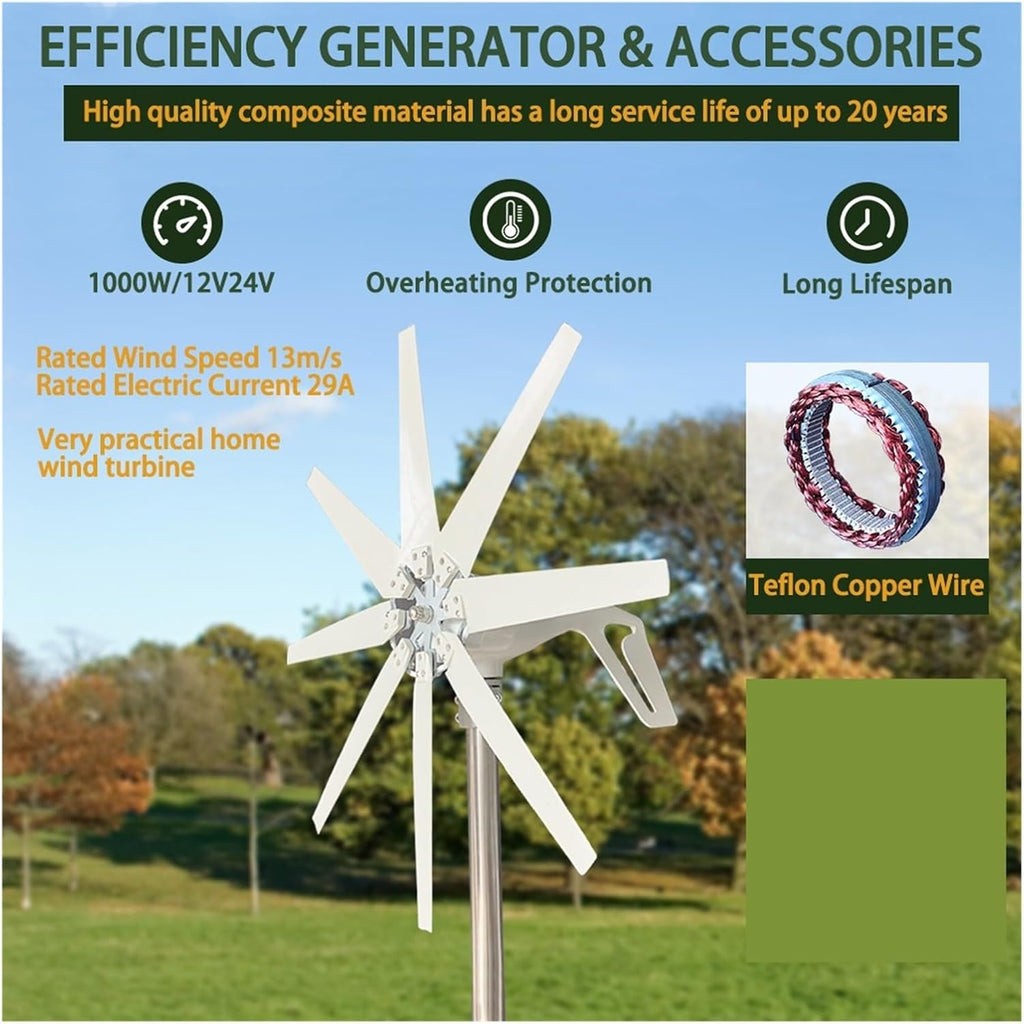Wind Turbine Generator Kit, 8 Blades 3000w Wind Turbine nerator Homeuse Free Energy 12V 24V 48V Fit for Street Lamps Monitoring Boat for Hybrid Solar Wind System(12V)