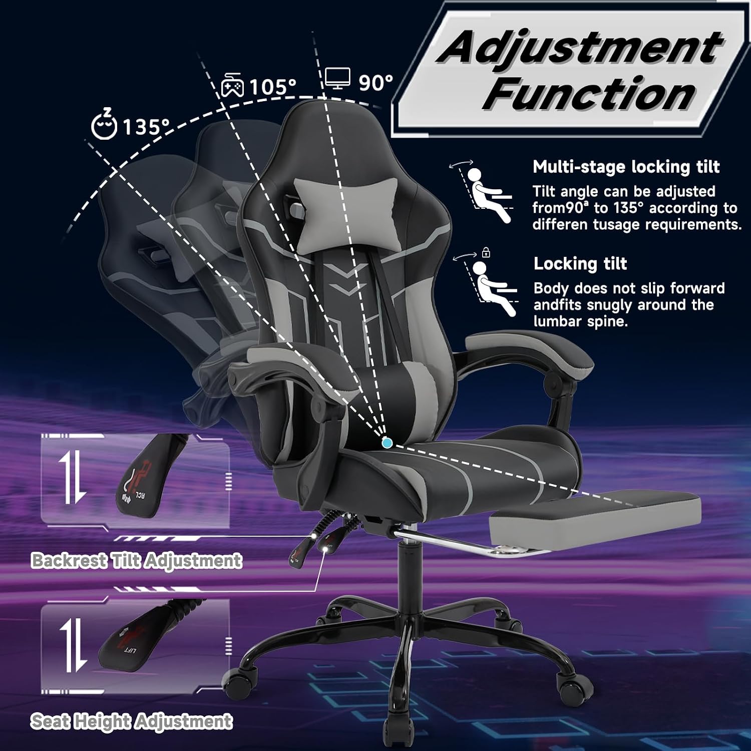 Gaming Chair with Massage and Footrest, Ergonomic High Back PC Racing Chair, 300LBS Capacity with Adjustable Lumbar Support & Headrest for Office and Desk (Model D, Black+Grey)