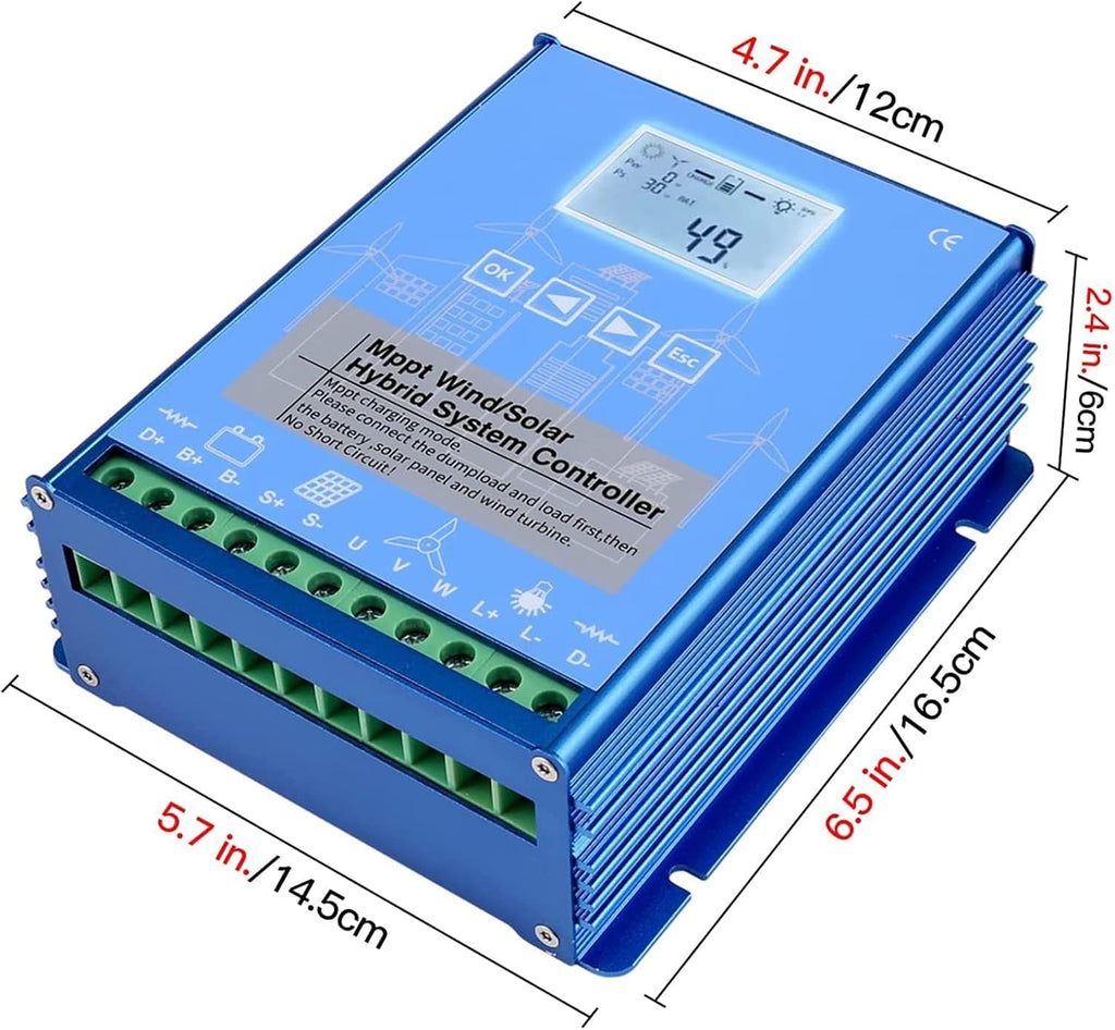 Mppt Wind Solar Hybrid Charge Controller 3000W 12V/24V/48V Solar Panel Adjustment Machine for Wind Turbine Generator /Solar Panel Battery Charger(Blue),12v