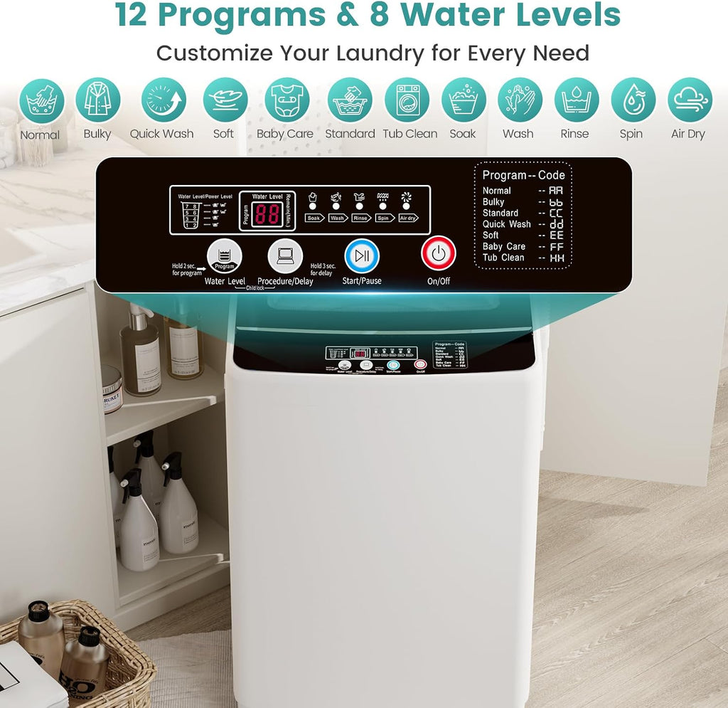 Auertech 35 lbs Washing Machine, Fully Automatic Portable Washer with LED Display, 12 Wash Cycles, 8 Water Levels, Large Capacity Washer and Spin Dryer Combo with Drain Pump for Apartment, Home