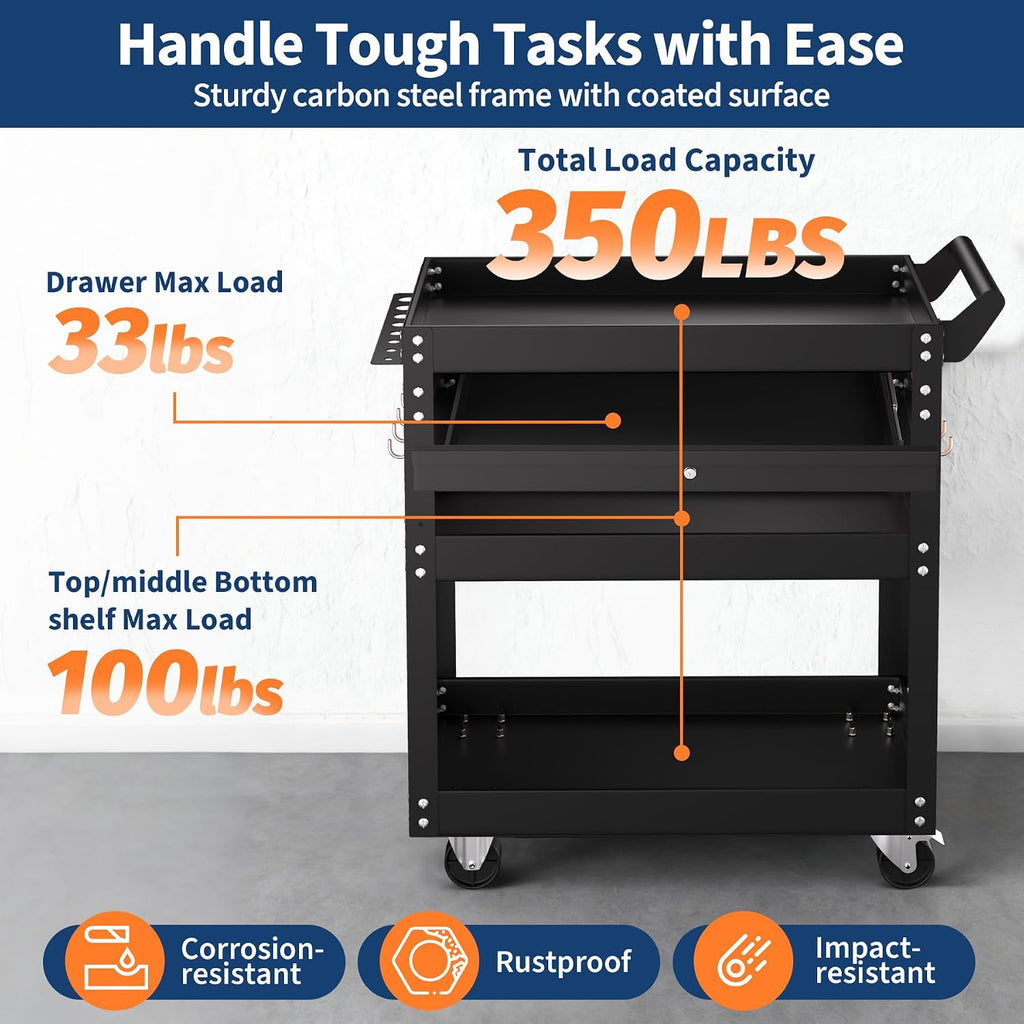 4 Tier Heavy Duty Rolling Tool Cart On Wheels, 350 Lb Capacity, Metal Utility Carts with Lockable Drawer & Side Pegboards, Mechanic Tool Storage Organizer for Garage Workshop Repair Shop