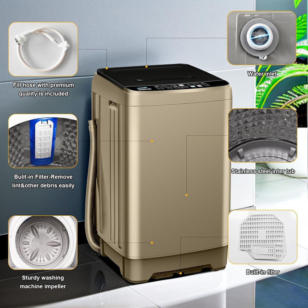 Qhou Full-Automatic Washing Machine, 15.6lbs Capacity Portable Washer, with Drain Pump, LED Display/8 Water Levels Selections/10 Programs Compact Laundry Washer for RV, Camping, Apartment, Dorm（Gold)
