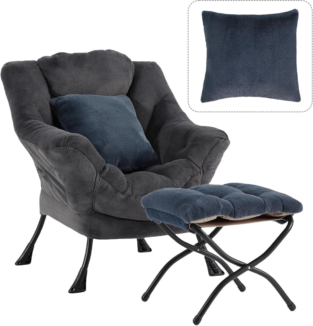 Lazy Chair with Ottoman, Large Blue Gray Accent Chair with Ottoman and FA Throw Pillow, Comfy Plush Reading Chair for Living Room Bedroom Dorm Room Office Apartment Relaxing Use