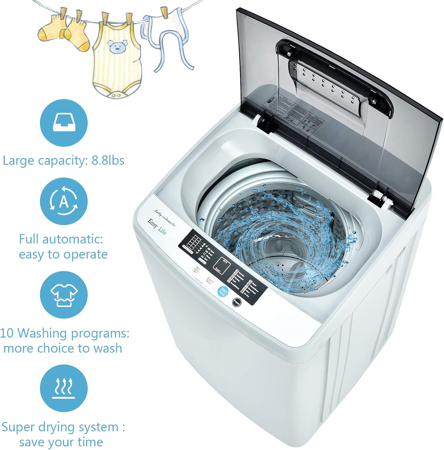 COSTWAY Portable Washing Machine, 2-in-1 Laundry Washer and Spin Combo with 10 Programs, 8.8lbs Capacity, Drain Pump and LED Display, Full Automatic Washer for Apartment, RVs, Dorm, Grey