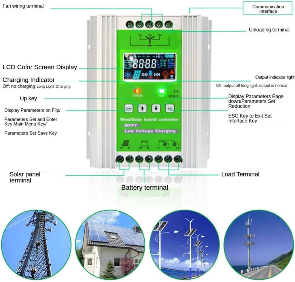 12V/24V/48V Wind Solar Hybrid Charge Controller PWM Wind + Solar Boost Charge Technology Auto Regulator Suitable for Wind Generator Solar Panel System Controller,48V-10000W
